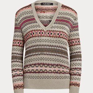Lauren Ralph Lauren Fair Isle V-Neck 100% Viscose Sweater, Size S (MSRP $245)